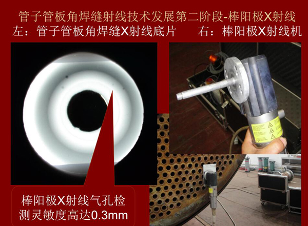 管子管板角焊縫射線技術發(fā)展第二階段：棒陽極X射線，棒陽極X射線采用棒陽極X射線機，其氣孔檢測靈敏可高達0.3mm