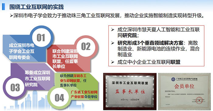 圍繞工業互聯網的實踐:深圳市電子學會致力于推動珠三角工業互聯網發展,推動企業實施智能制造實現轉型升級。