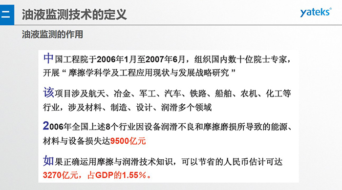 油液監(jiān)測的作用：中國工程院于2006年1月至2007年6月組織國內(nèi)數(shù)十位院士專家開展 摩擦學(xué)科學(xué)及工程應(yīng)用現(xiàn)狀與發(fā)展戰(zhàn)略研究，該項(xiàng)目涉及航天、冶金、軍工、汽車、鐵路 等多個(gè)領(lǐng)域